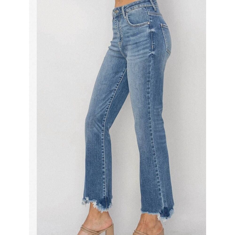 Risen Jeans Women's 29 Blue High Rise Crop Flare Raw Chewed Hem Comfort Stretch